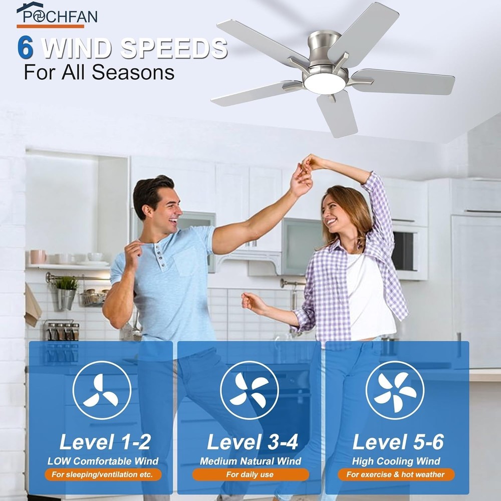 Versatile 42-Inch Reversible Ceiling Fan with LED Light & Timer - Low Profile