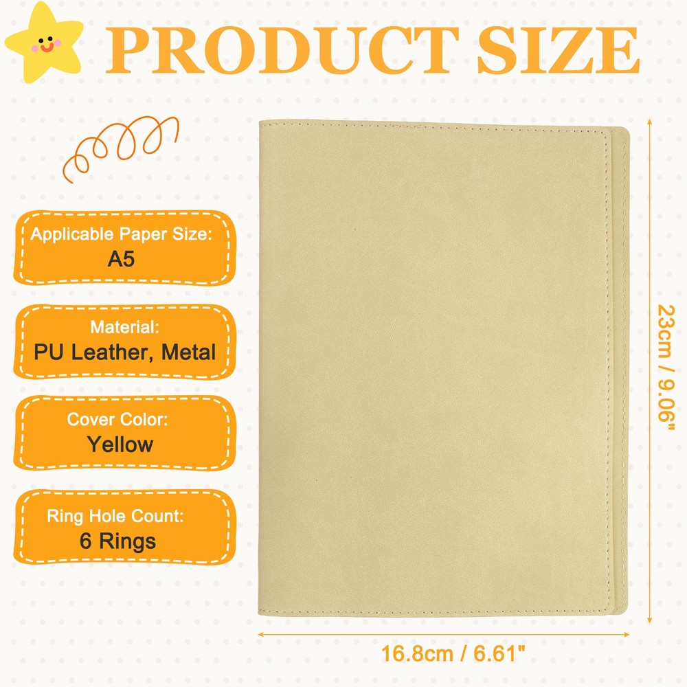 A5 PU Leather Binder Protector, 6 Ring Loose Leaf Notebook Protector, Yellow