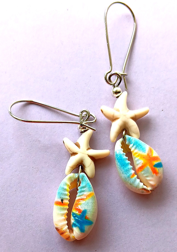 STARFISH Painted COWRIE SHELL dangle earring kidney wire handcrafted #ACTA
