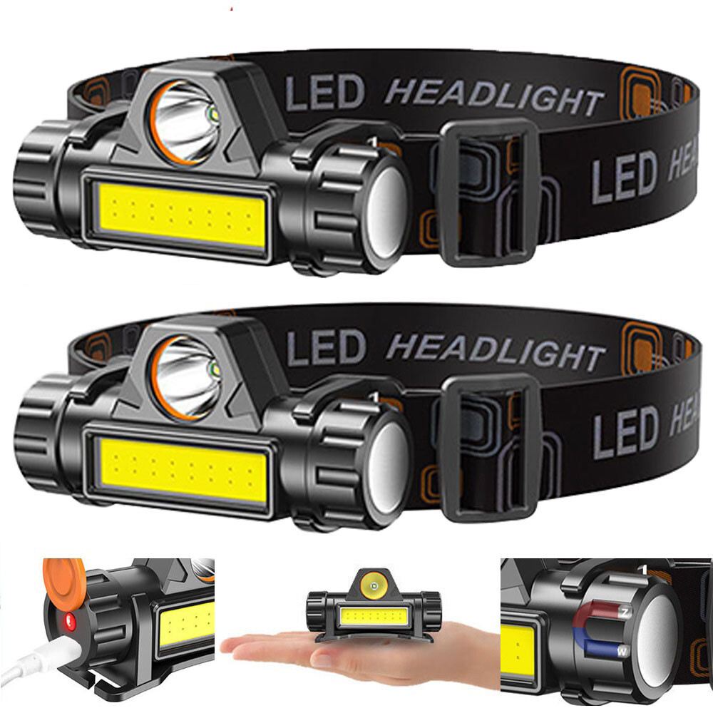 2 Packs USB Rechargeable Waterproof LED Headlamp Headlight Head Light Flashlight