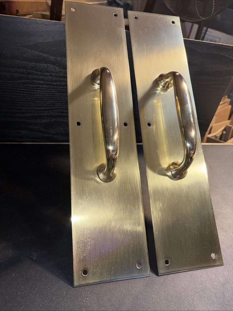 Pair Of Solid Brass Pull Door Handles Attached To Backer/push Plates. RH/LH