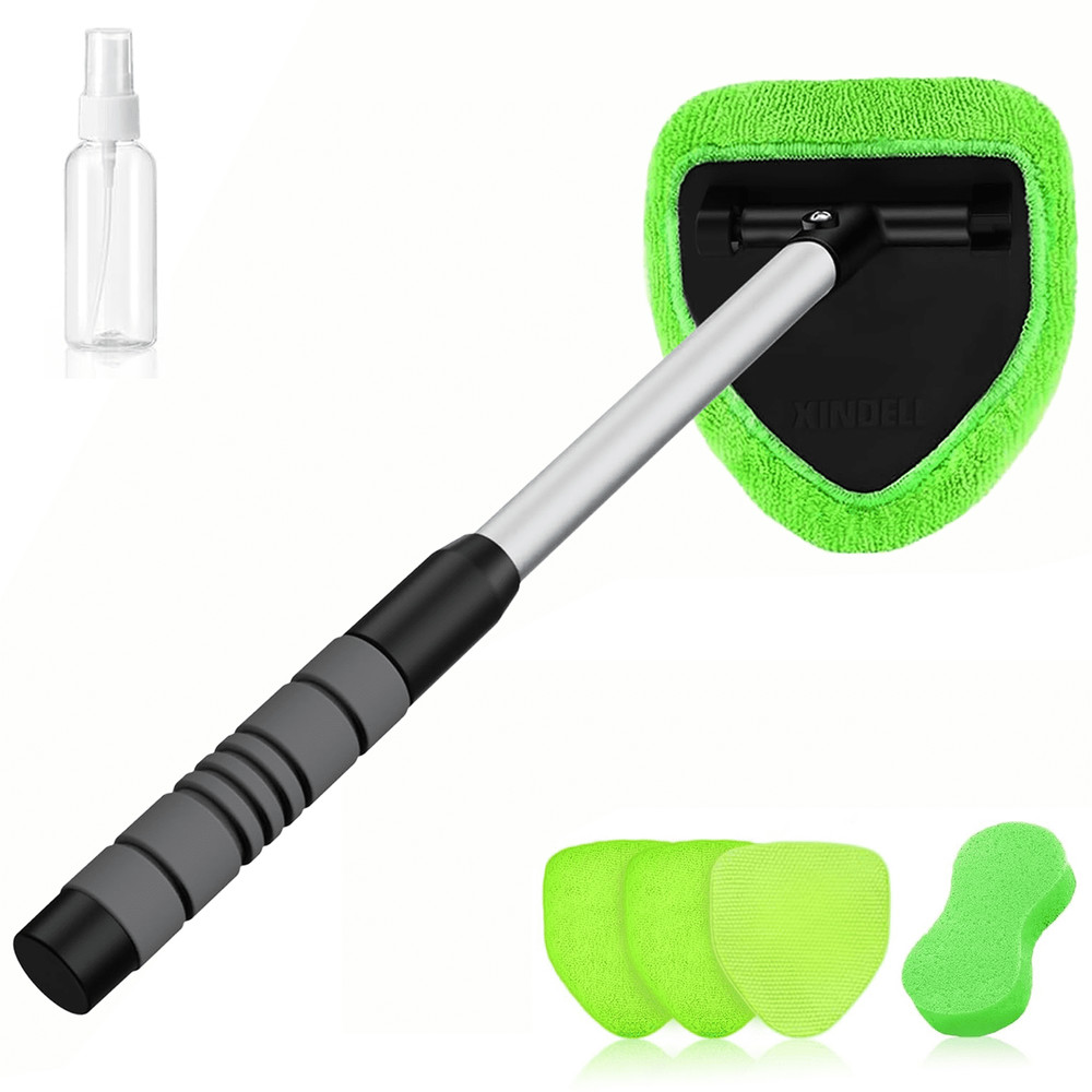 Portable Windshield Cleaner Tool with Extended Long Handle & 4 Microfiber Pads