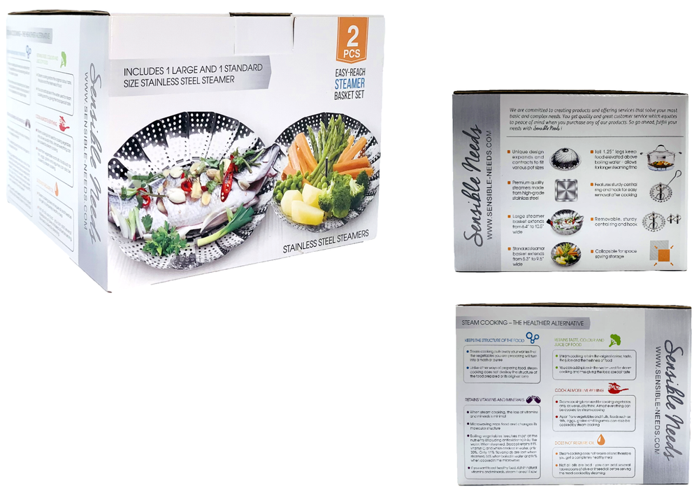 Sensible Needs Vegetable Steamer Basket Set Large & Standard Fold Expand Insert