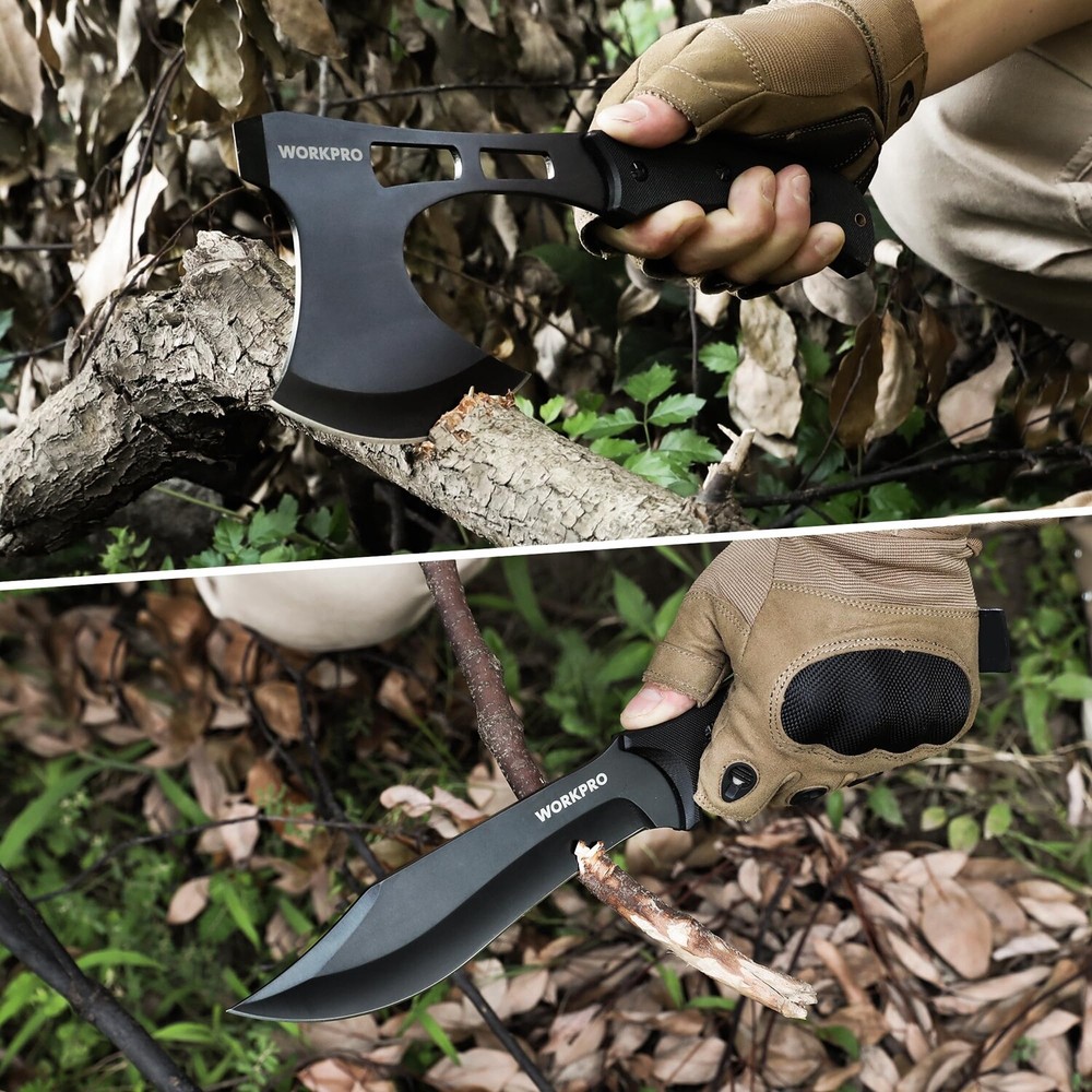 WORKPRO Hunting Knife Hatchet Axe Combo Set Tactical Knife Full Tang Fixed Blade