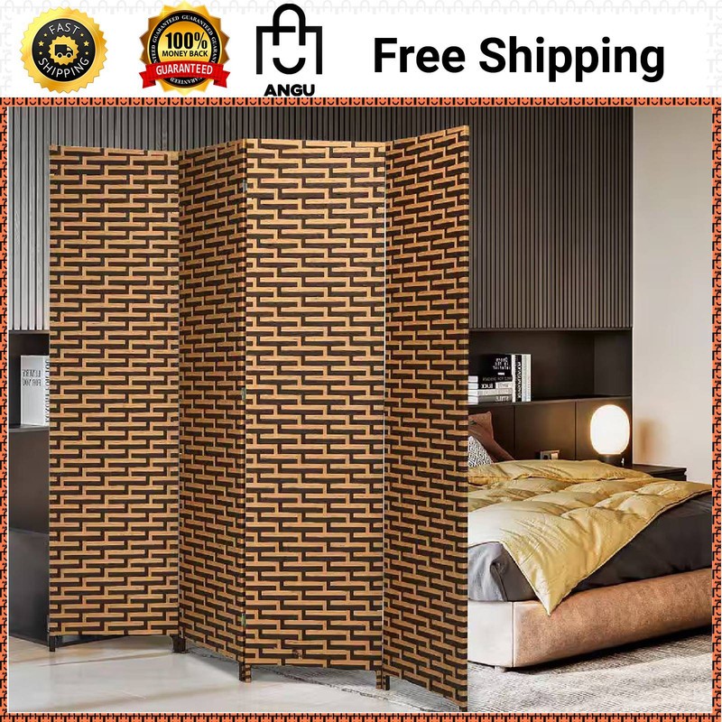 6ft Tall 4-Panel Yellow Folding Room Divider Weave Privacy Screen