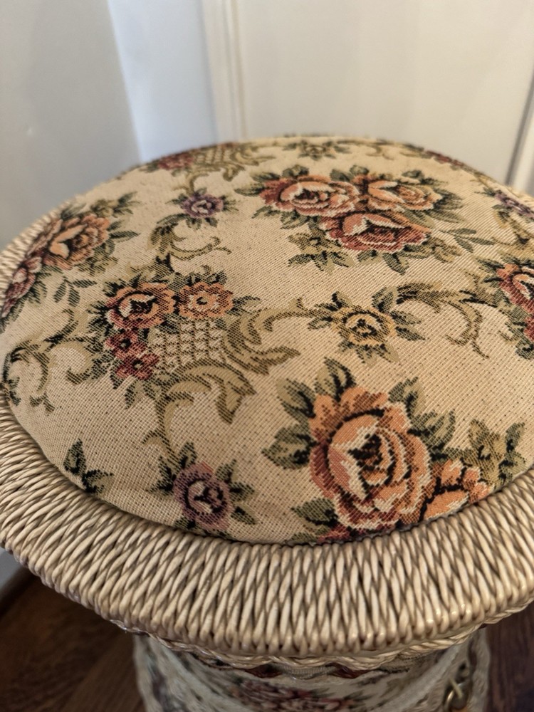 Vintage Rare Triple Stack Three Tier Wicker Sewing Basket Upholstered Ottoman