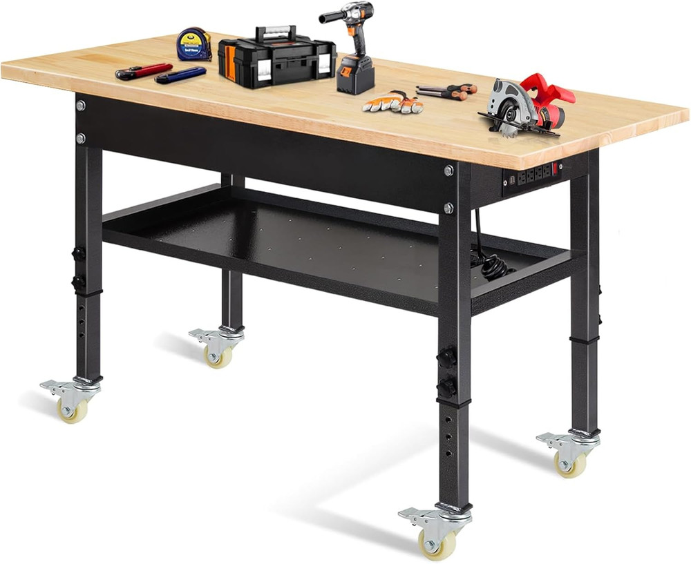 48"/60'' Adjustable Workbench, Rubber Wood Top Work Bench Heavy-Duty Work Table