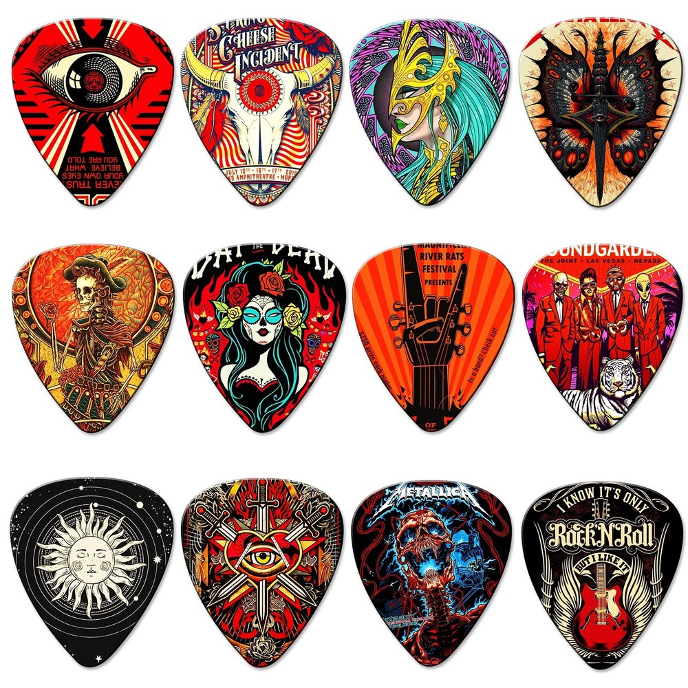 Guitar Picks 24 Pack Thin, Medium, Heavy & Extra Heavy Picks with Tin Box,Var...