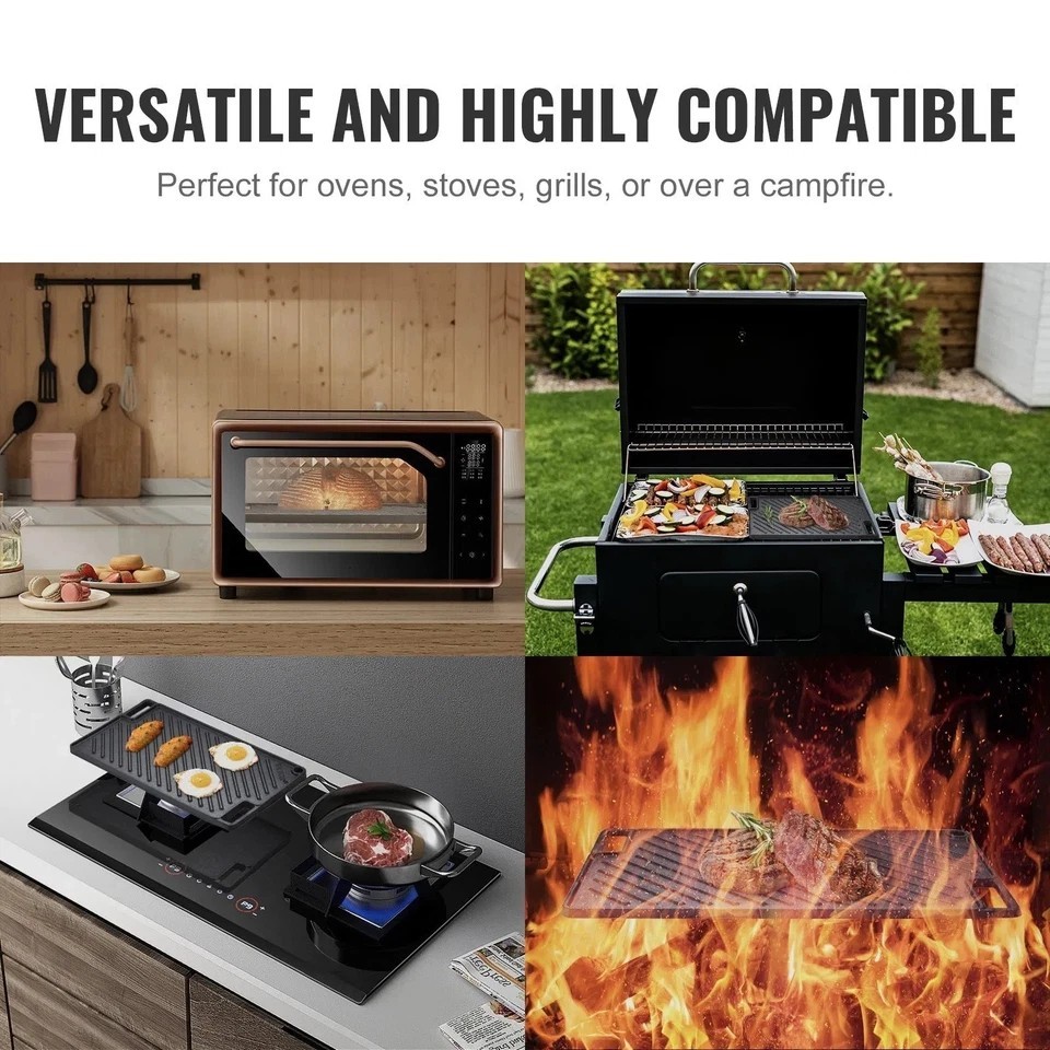Reversible Grill/Griddle, 9.7"x16.7" Pre-Seasoned Cast Iron Griddle, Rectangular
