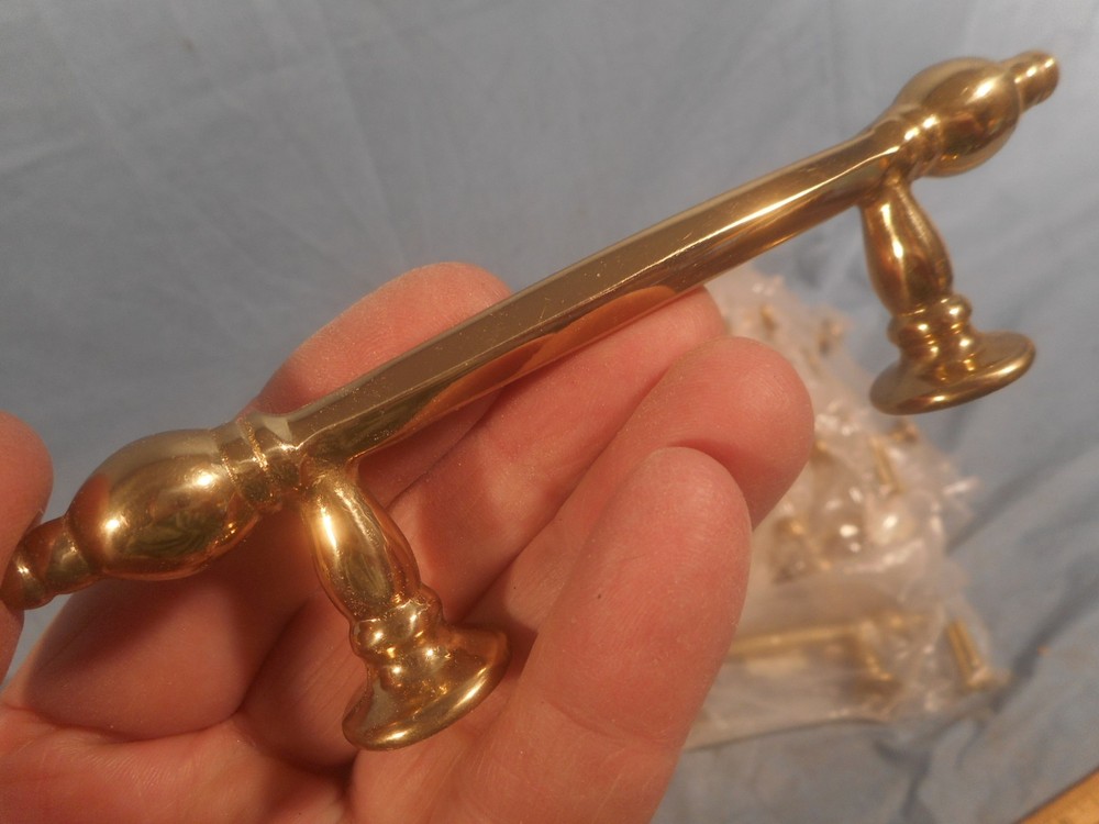 NOS Vintage Solid brass polished drawer pull 6 sided handle 5-1/4" long w/screws