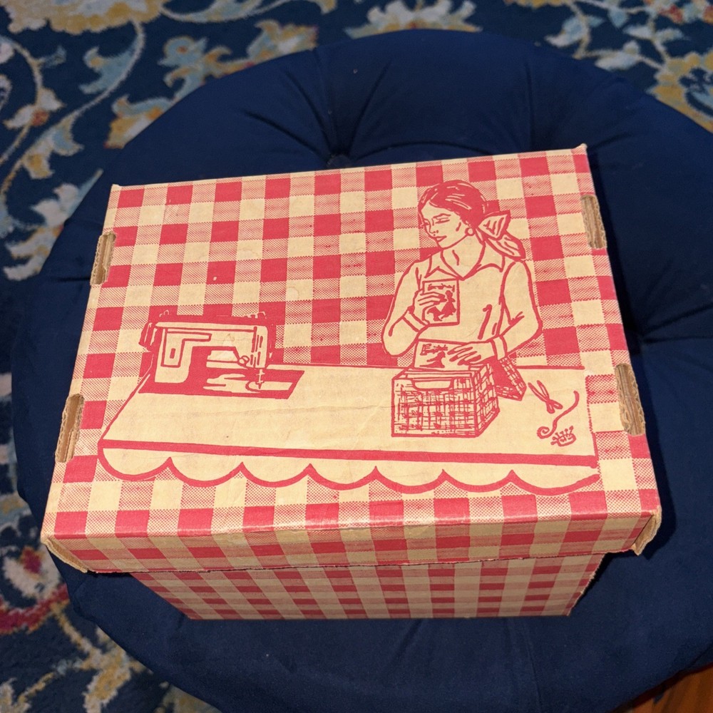 Vintage Cardboard Sewing Patterns Storage Box Red Gingham Excellent Condition