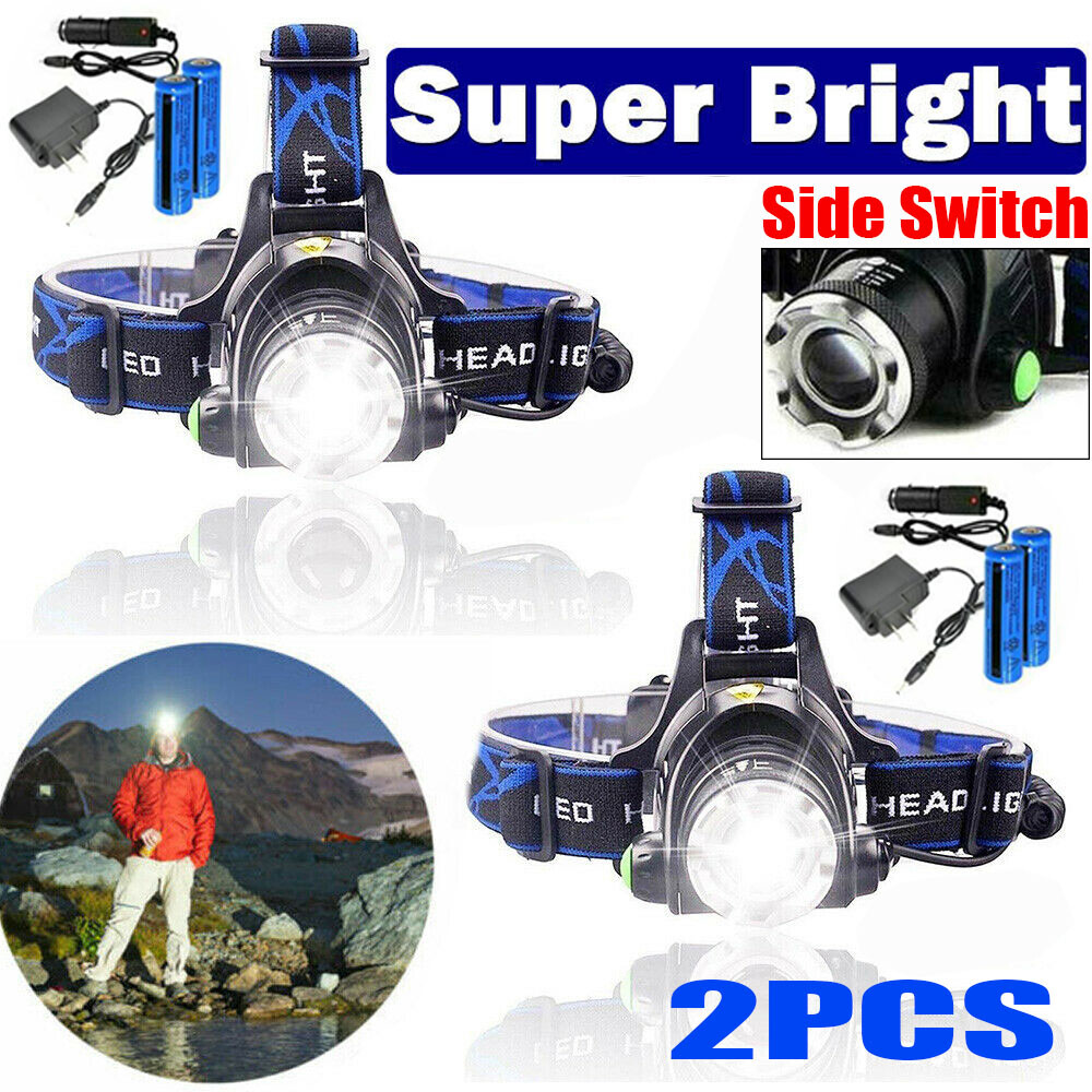 2PC 990000LM LED Headlamp Rechargeable Headlight Zoom Head Torch Lamp Flashlight