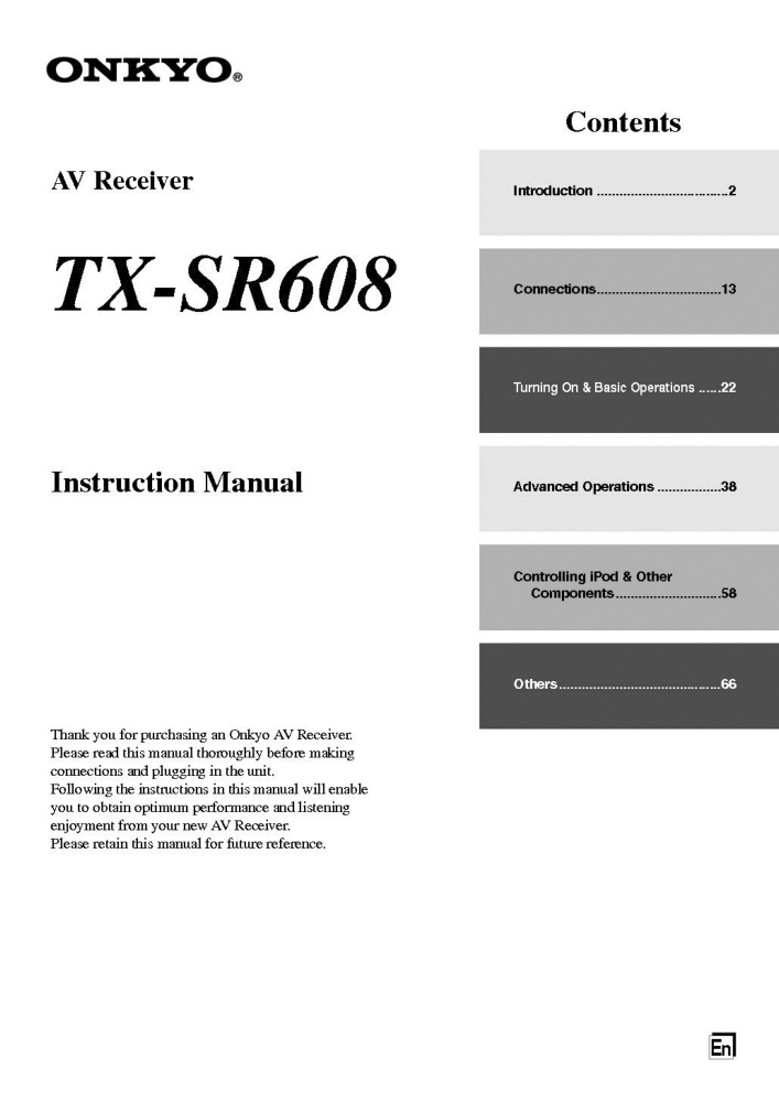 Onkyo Integra TX-SR608 Receiver Owners Instruction Manual