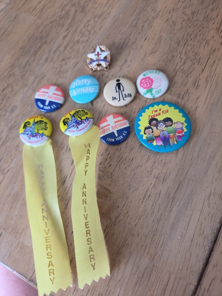 Nine Vintage Various Sunday School Pins