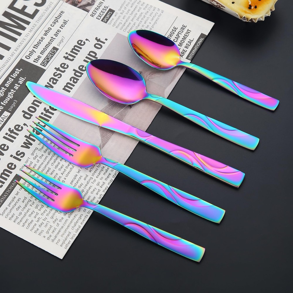 FONGDANLAITE Rainbow Stainless Steel Flatware Set for 6 Ergonomic Silverware Set