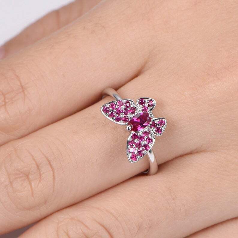 3.4ct Lab-Created Ruby Engagement Ring Butterfly Design 14k White Gold Plated
