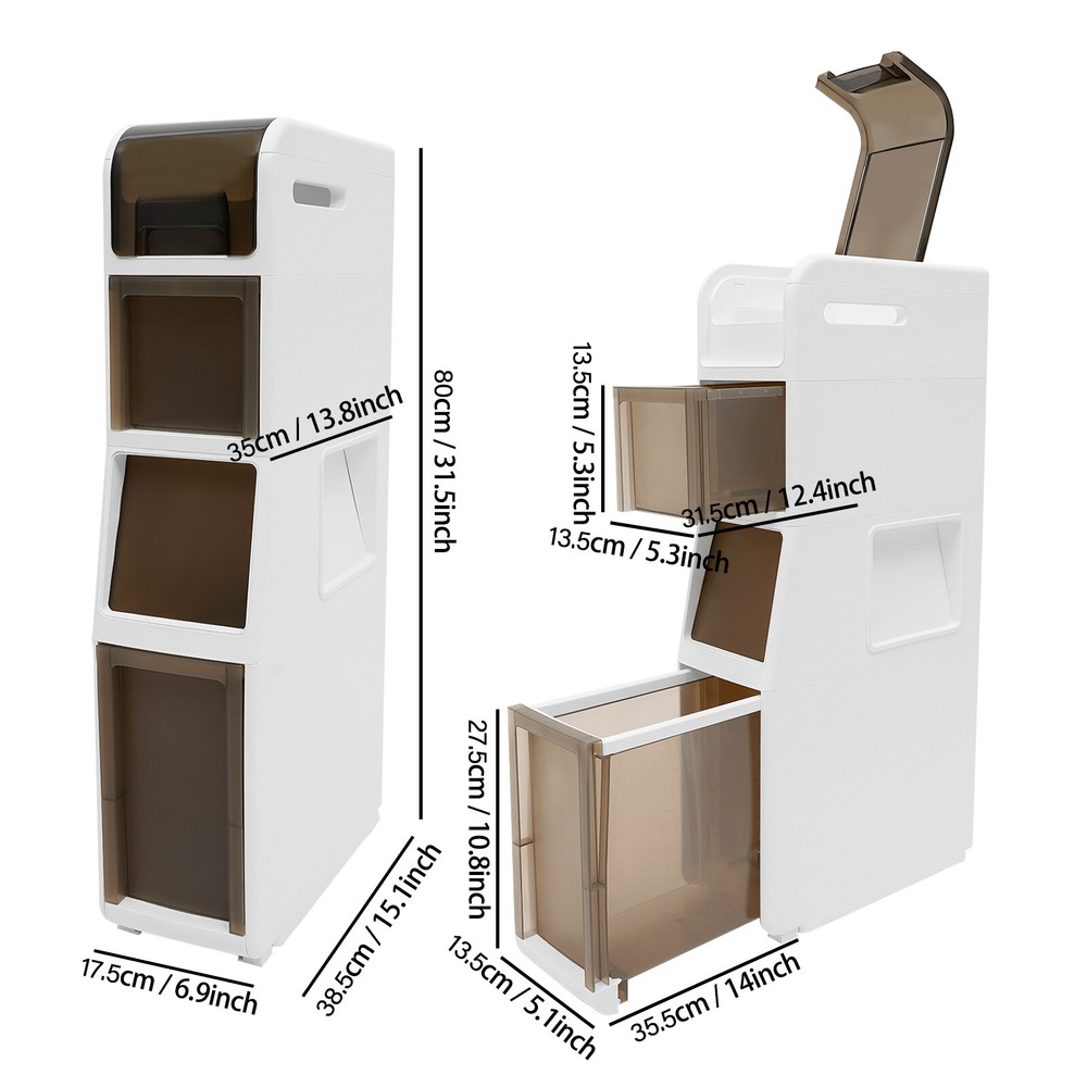 4 Tier White Rectangular Storage Cabinet With Drawers Bathroom Floor Cabinet