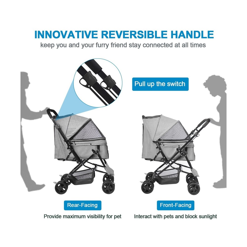 Dog Stroller for Large Medium Dogs & Cats with Reversible Handle, Foldable Pe...
