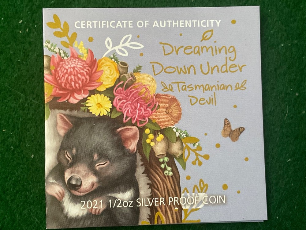 2021 DREAMING DOWN UNDER TASMANIAN DEVIL 1/2oz SILVER PROOF COLORED COIN -T11