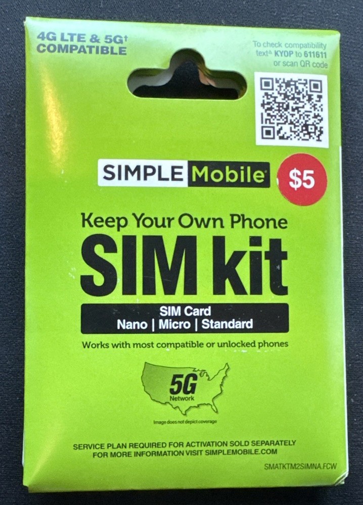 1 Simple Mobile Keep Your Own Phone SIM Kit 4G LTE/5G Android/iPhoneCompatible