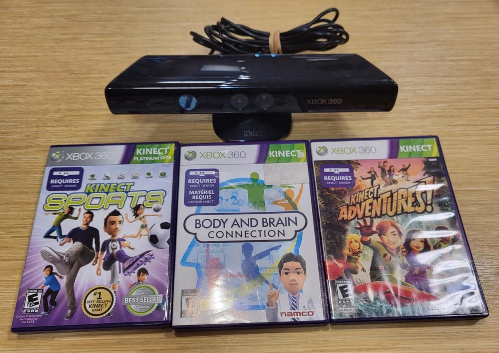 Microsoft Kinect Sensor Black 1414 XBOX 360 Bundle 3 Games - Tested & Working