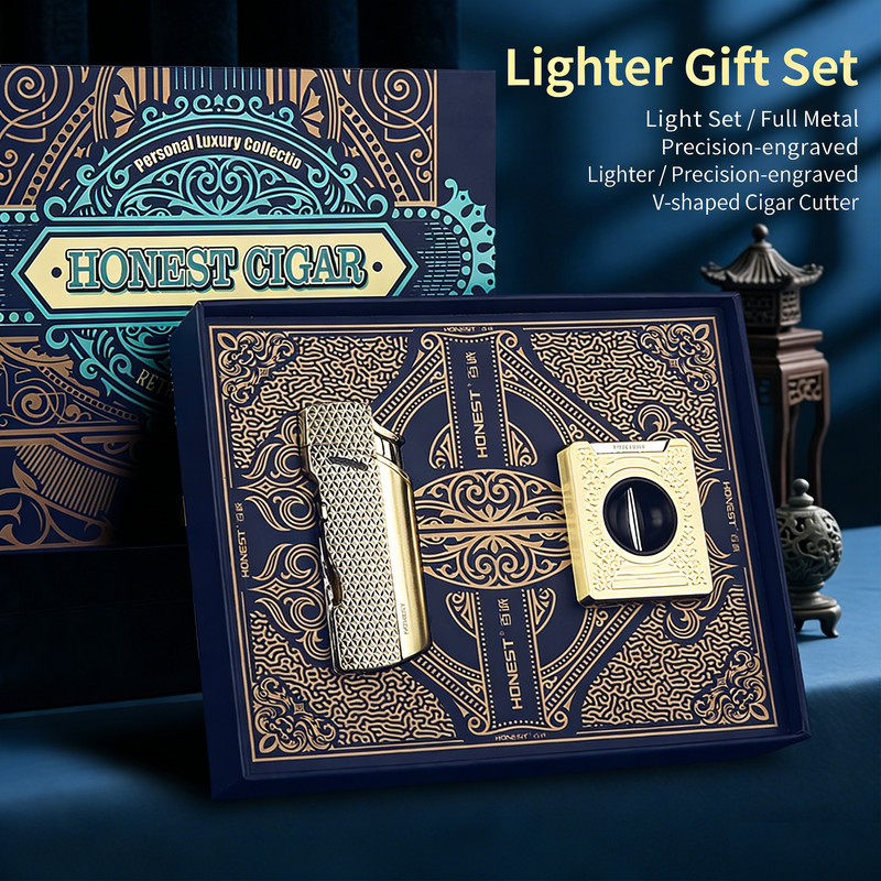 Inflatable Metal Lighter Multi-Functional Lighter V-Shaped Cigar Cutter Gift Box