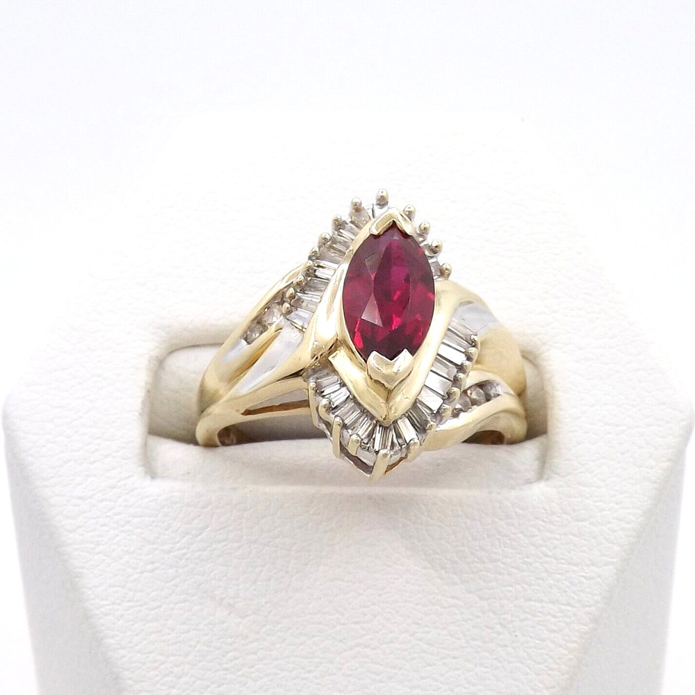 14k Gold Lab Created Marquise Ruby Natural Diamond Ring Navette Setting