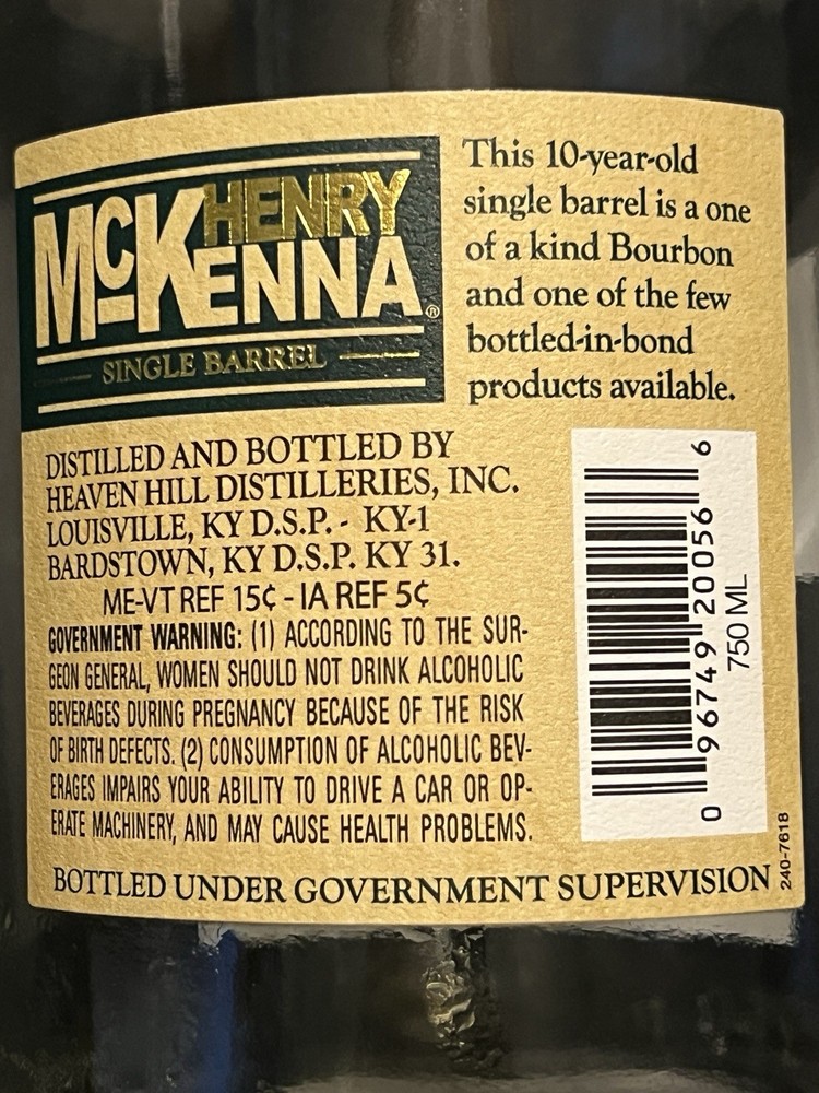 Henry McKenna 10 Year Single Barrel Bourbon Whiskey Bottle Empty Upcycle