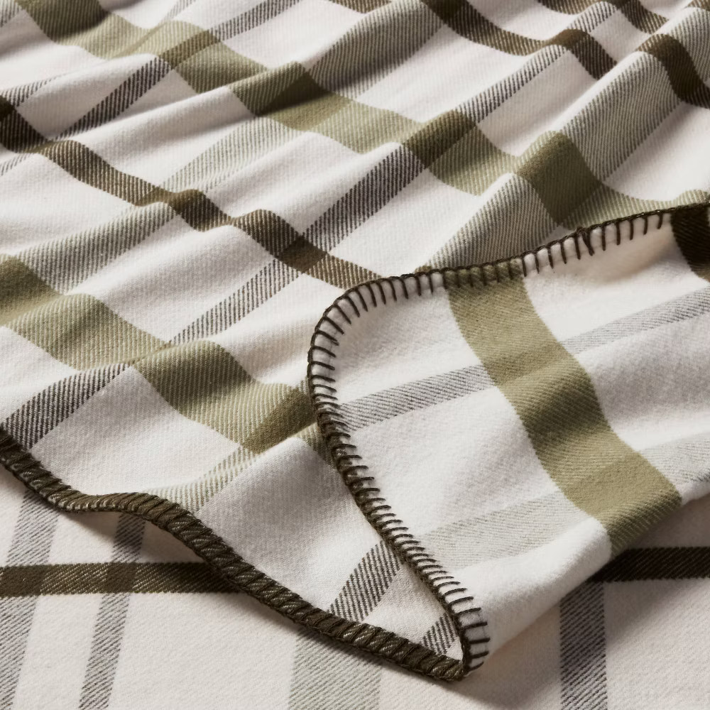 Full/Queen Brushed Cotton Blanket Green Plaid - Threshold