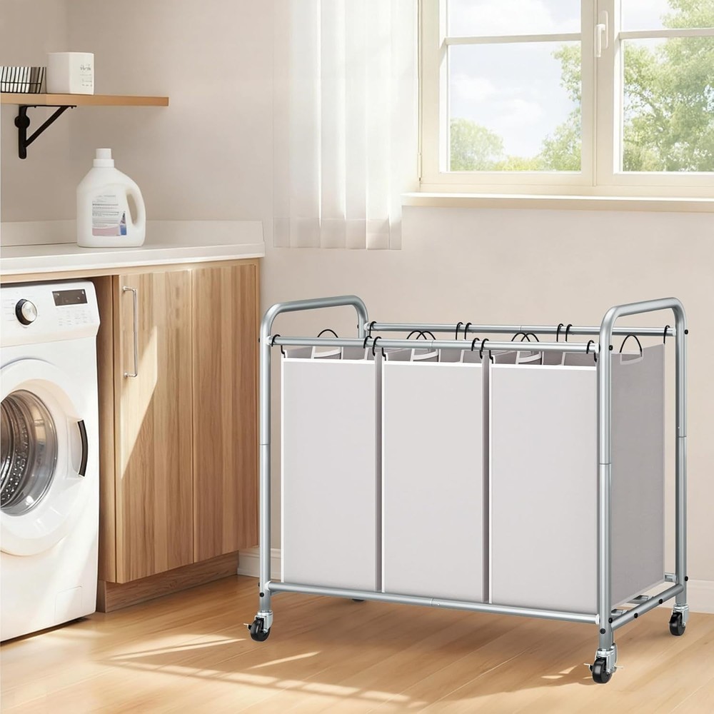 Eco-Friendly 3-Compartment Laundry Organizer with Rolling Wheels - Stylish Gray