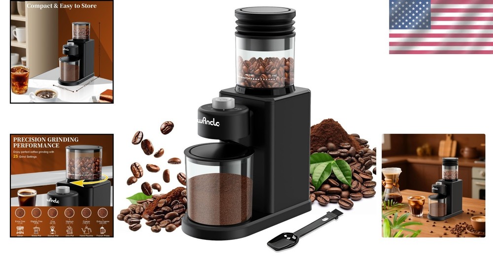 200W Conical Burr Coffee Grinder - 25 Grind Settings, Low Noise & Compact Design