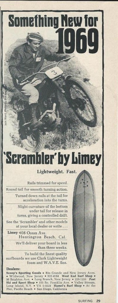 1969 Limey Scrambler Surfboard Ad/ Motorcycle
