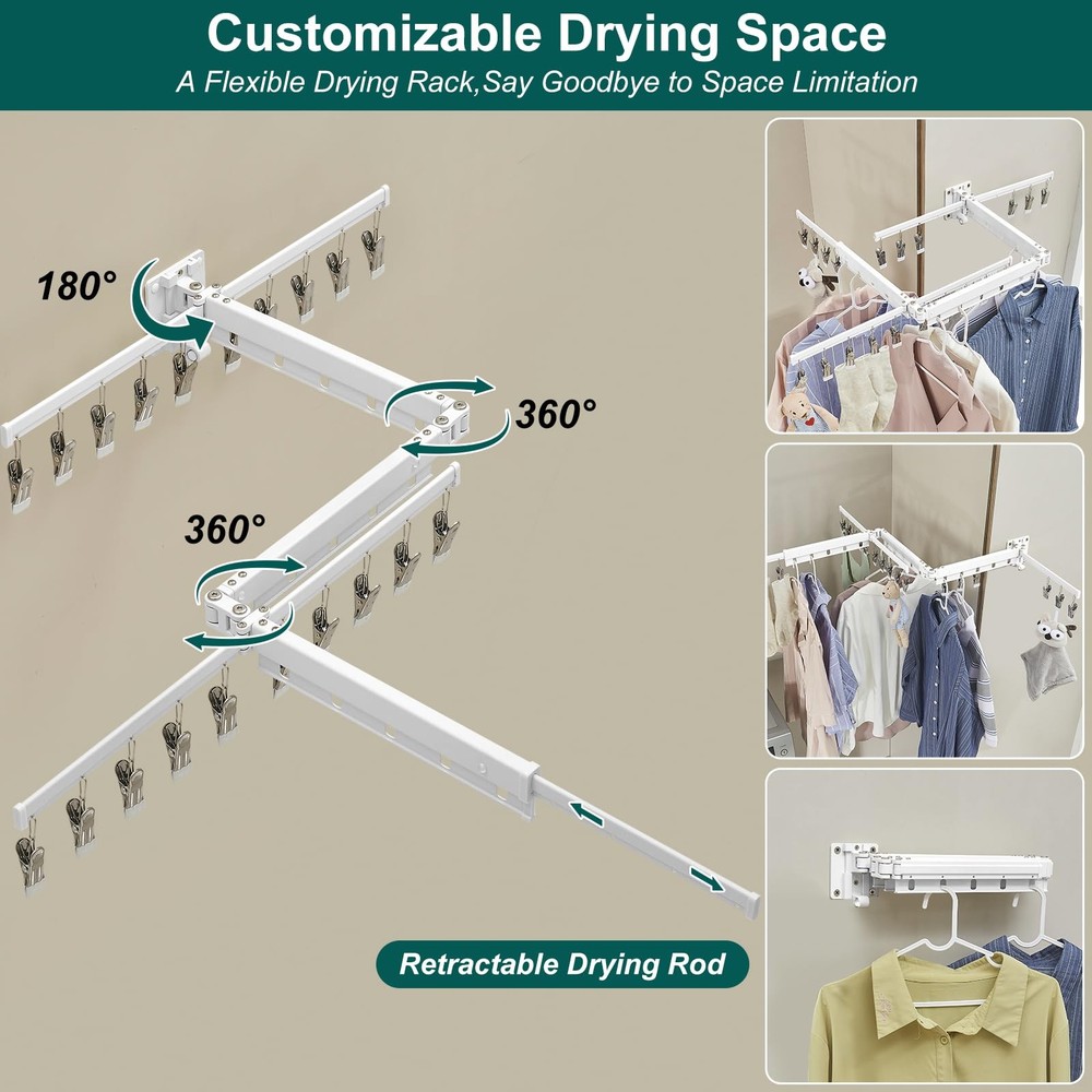 White 51" Clothes Drying Rack Retractable Foldable Wall Mounted, Tri-Fold Spa...