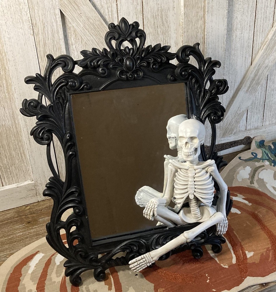 Skeleton Mirror | Halloween Gothic Decor | Ornate Black Framed Mirror