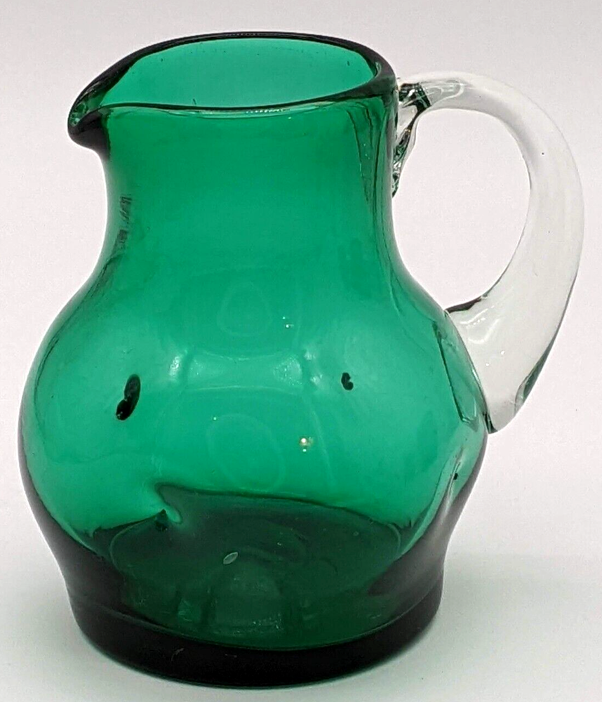 Hand Blown Green Pinched Art Glass Pitcher Applied Clear Handle