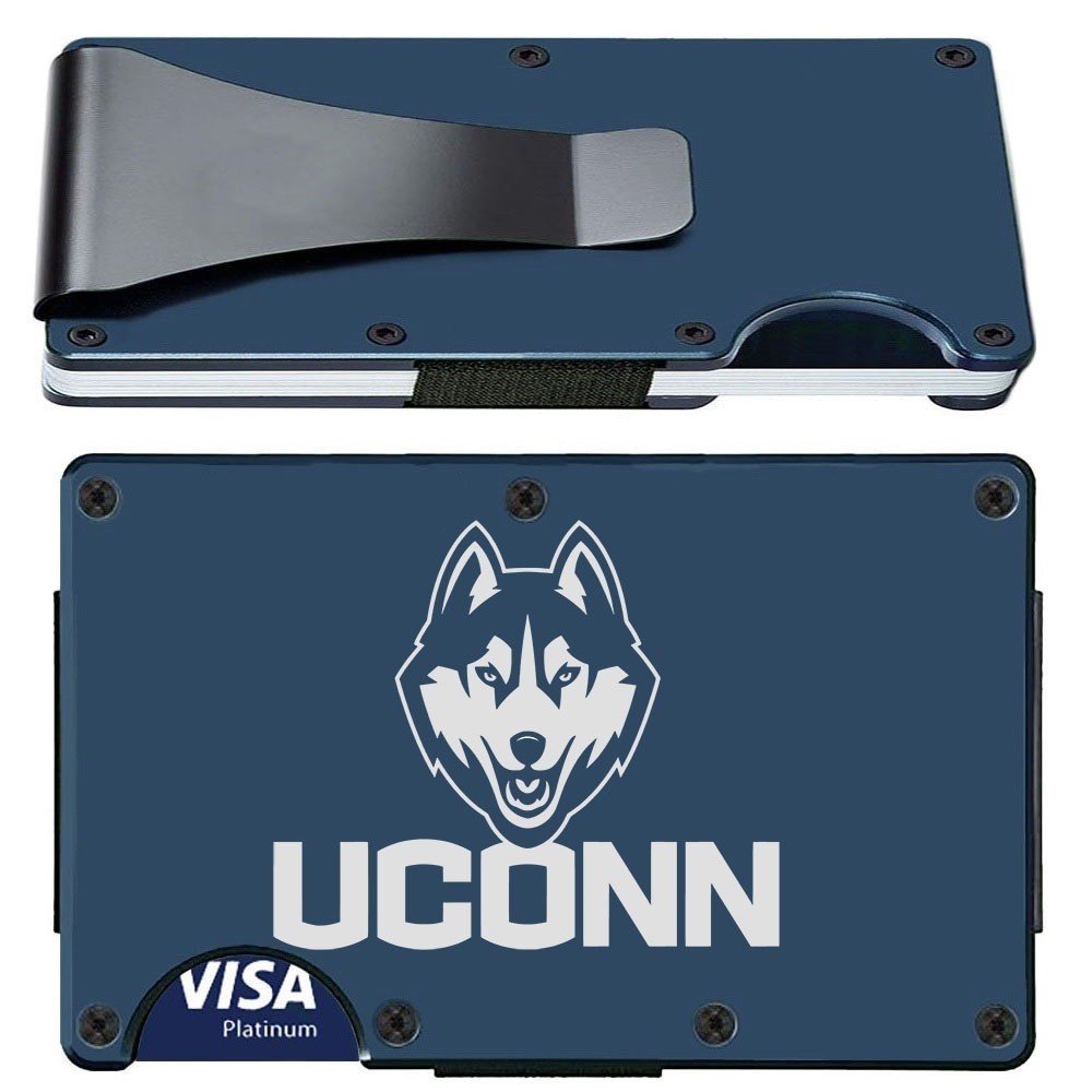 UConn Huskies Engraved Titanium Blue RFID Blocking Wallet w Clip D7
