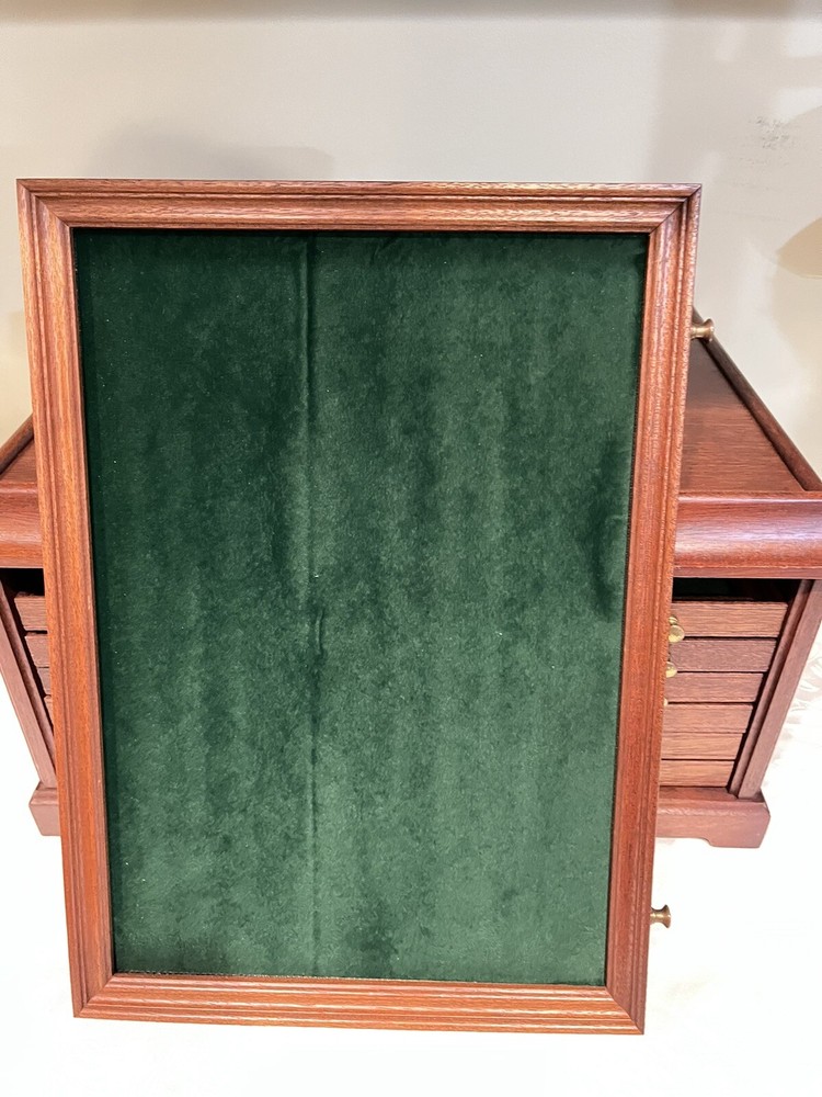 Mahogany Solid Wood Tabletop Chest 6 Drawers Velvet Green Lined Brass Knobs