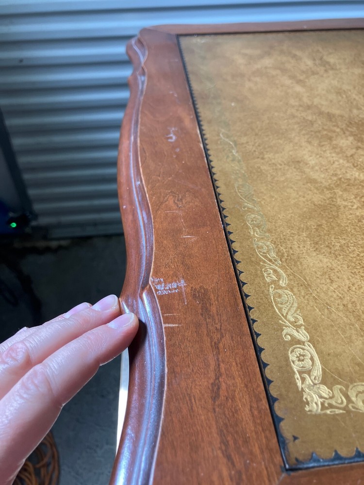 Vtg Antique Colonial Regency Style Solid Walnut Leather Gold Top Side Table