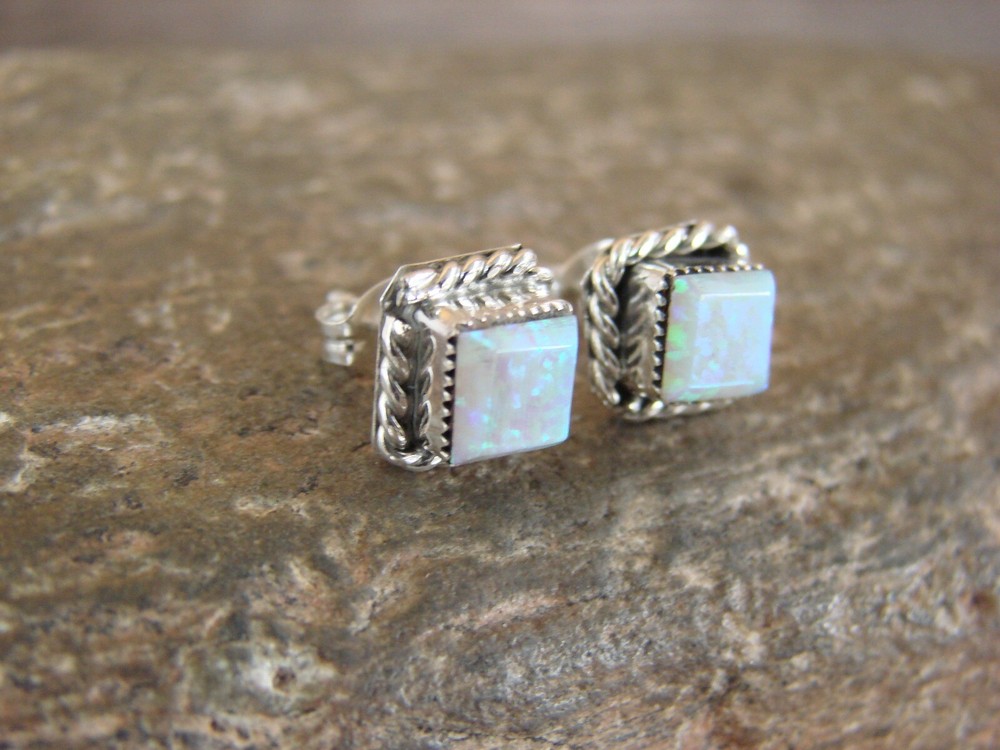 Zuni Indian Sterling Silver Square White Opal Post Earrings by Chuyate