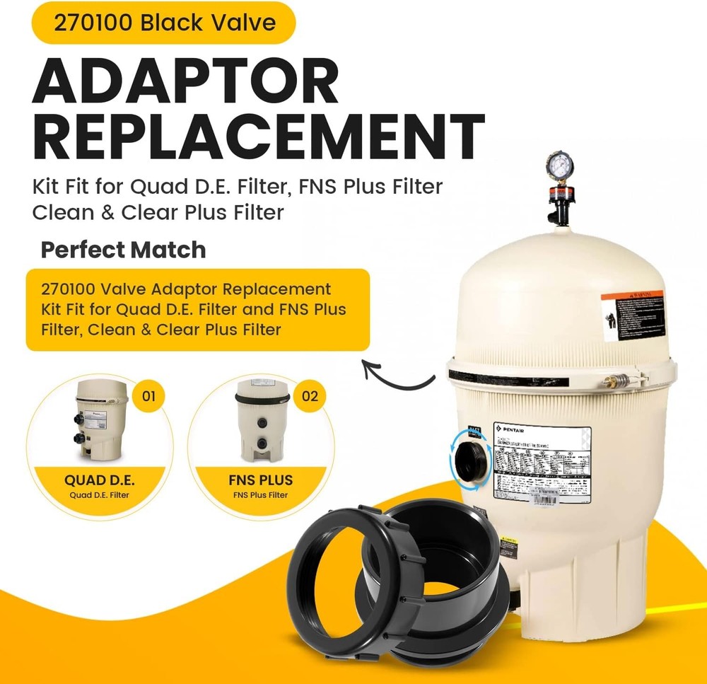2Pack 270100 Black Pool Valve Adaptor Replacement Kit Fits Pentair D.E. Filter