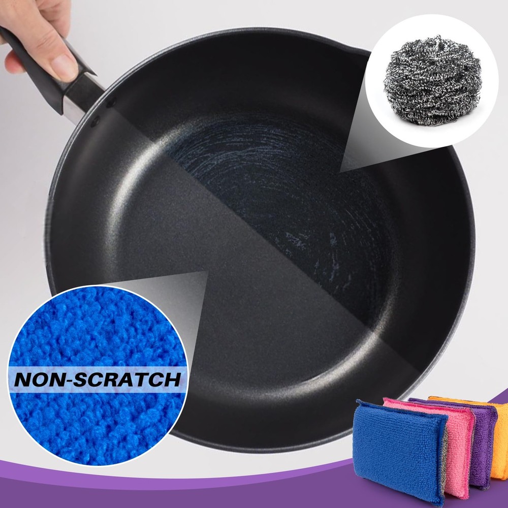 8 Pack Microfiber Sponge Kitchen - Dish Scrubber Sponge Non-Scratch Reusable ...