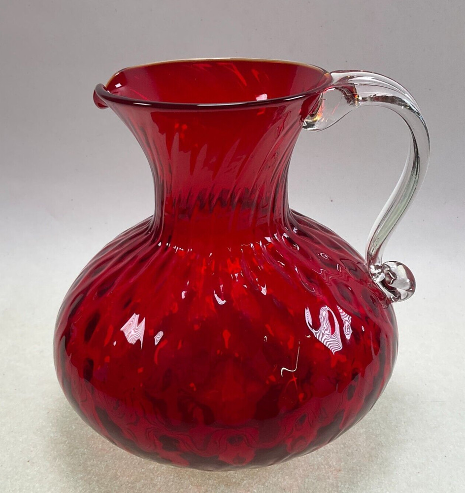 Pilgrim Glass Ruby Red Quilted Optic Pitcher Applied Handle Hand Blown Vintage