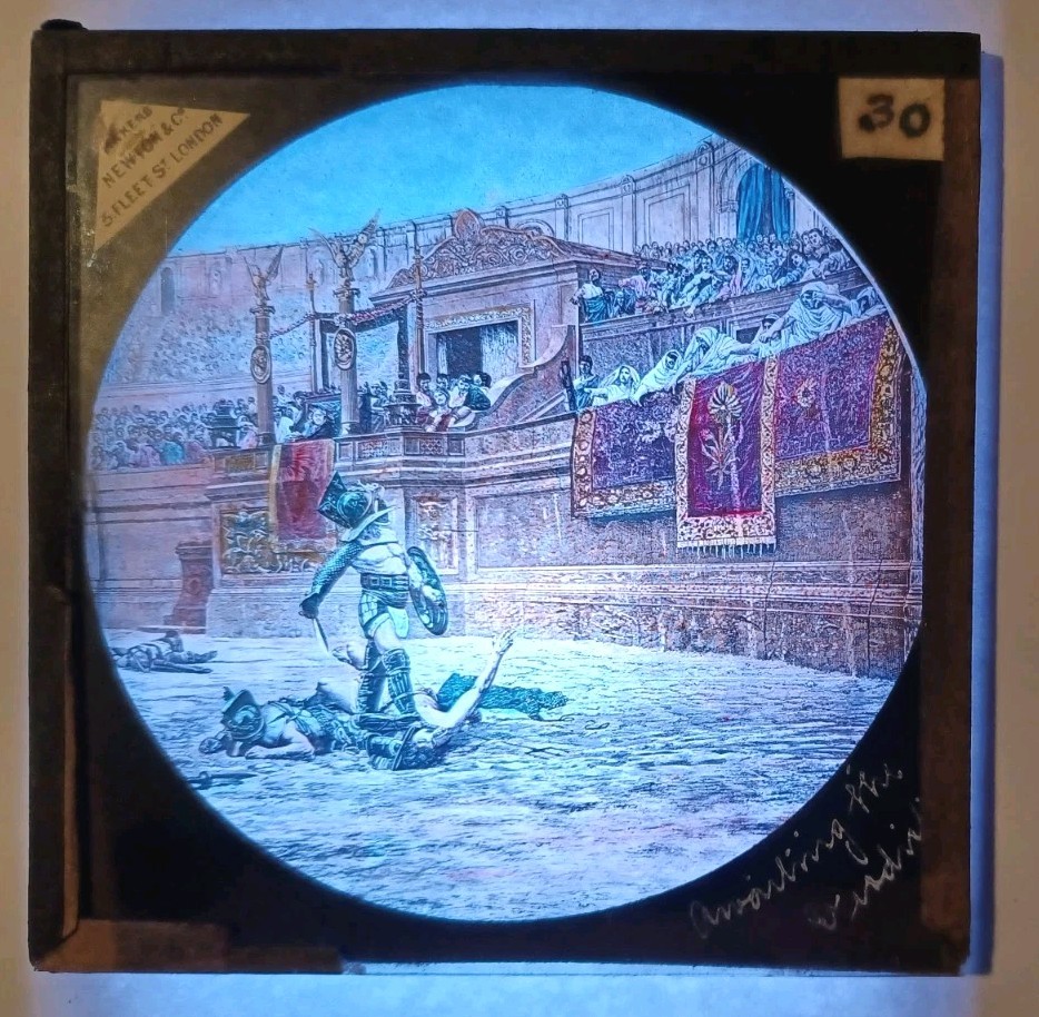ANTIQUE MAGIC LANTERN GLASS SLIDE -  ROME GLADIATOR SCENE