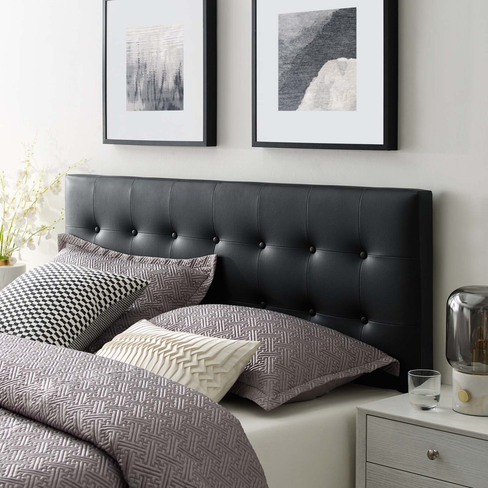 Modway Emily Tufted Button Vegan Leather Upholstered Queen Headboard in Black