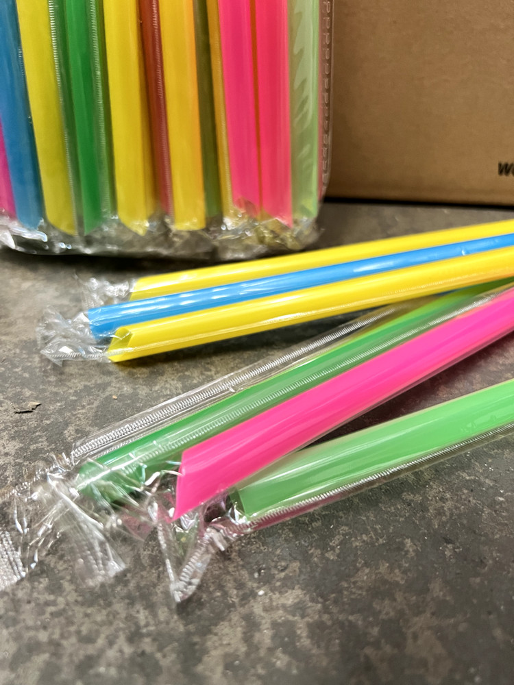 9" Colossal Neon Straws, Individually Wrapped, Diagonal Cut - 1600/Case
