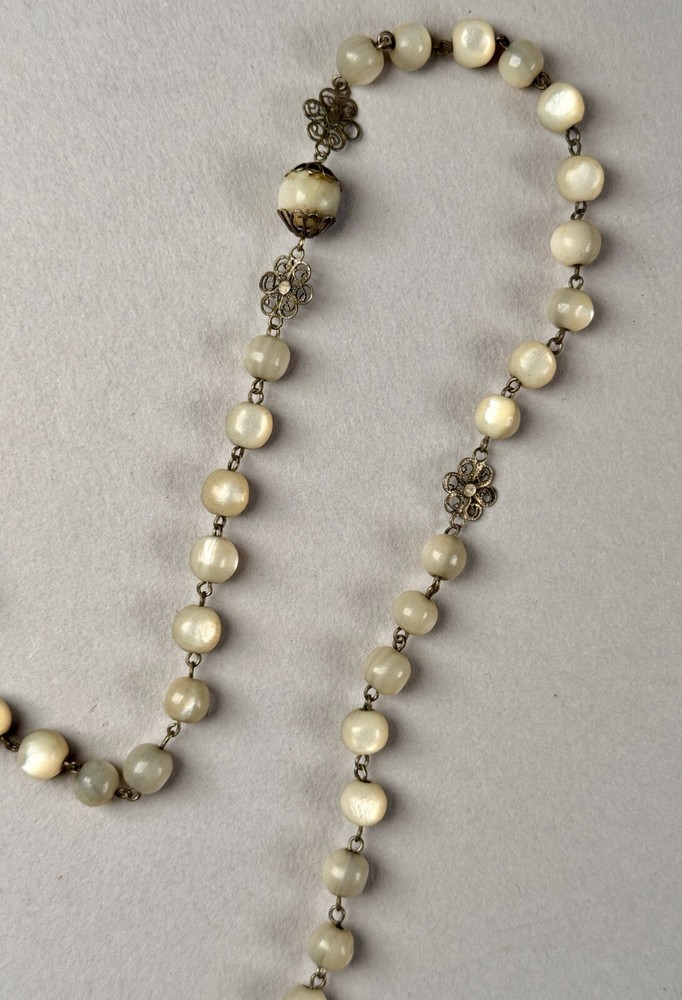 Antique MOP Balamuti Bead Rosary Filigree Silver Cross Crucifix Pendant Necklace