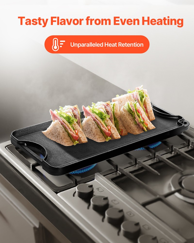 VEVOR 20x10in Reversible Grill Griddle Pre-Seasoned Rectangular BBQ Pan Cast