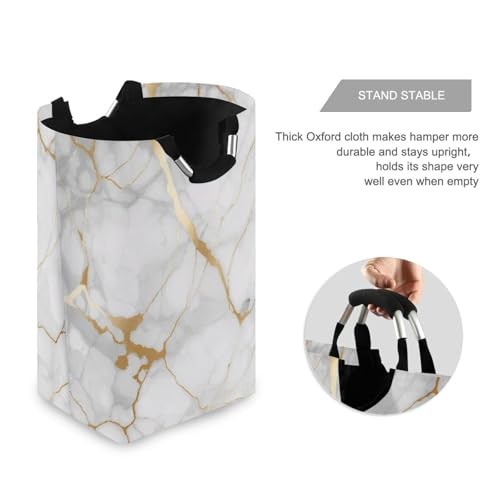 White Gold Marble Texture Laundry Basket Collapsible Laundry Hamper with