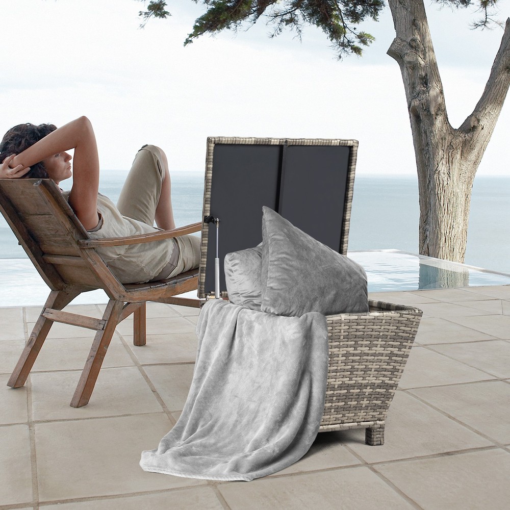 Outdoor PE Wicker Side Table with Storage, Small Patio Storage Bin Container