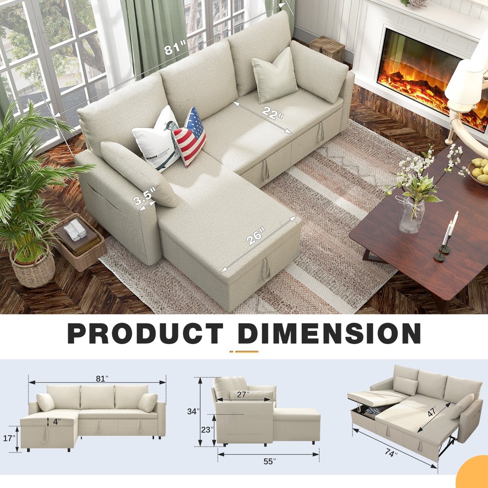 Linen Sleeper Sofa Bed,Pull OutCouch Bed with Storage Chaise